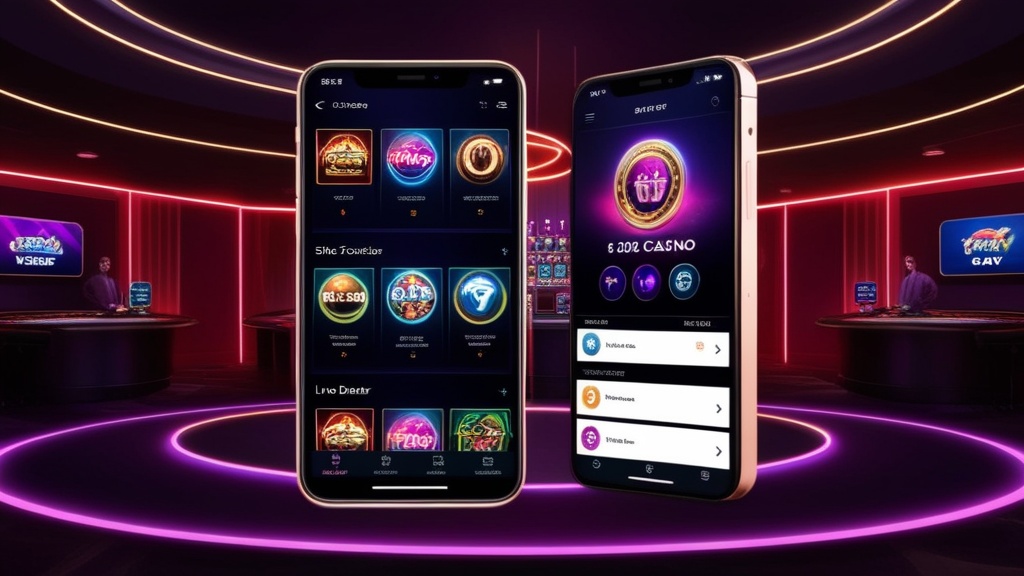 Mobiele casino-lobby met spellen, live casino en accountopties op een smartphone