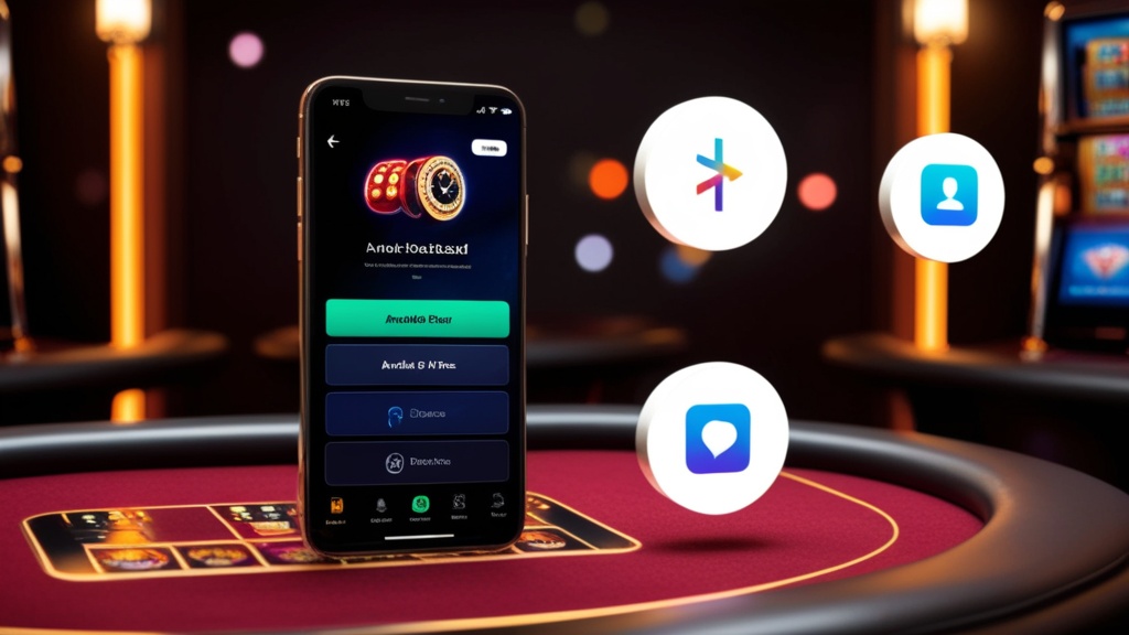 Smartphone met Android- en iPhone-downloadopties in een donkere casino-sfeer