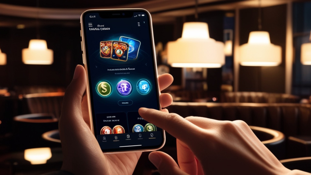 Mobiele casino-interface op een smartphone in een donkere speelse omgeving